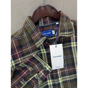 JACK & JONES Originals Mens Medium Plaid Flannel Shirt Long Sleeve Brown